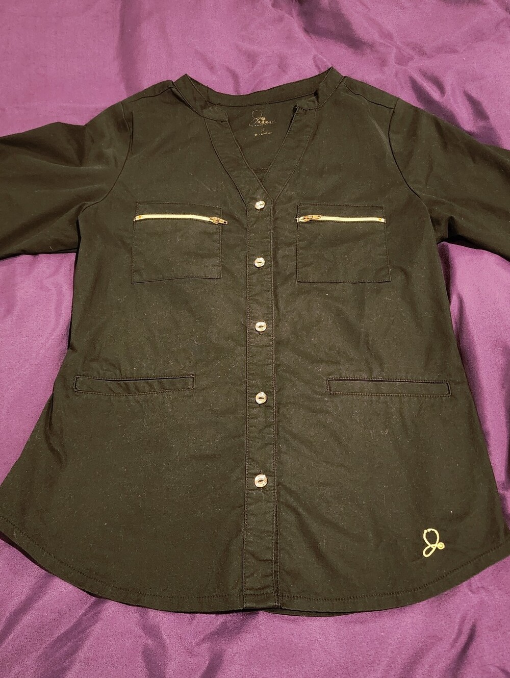 Black Medical Button Down Scrub Top with Gold Accents